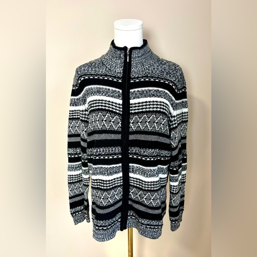 Northern Reflections Black & White Fair Isle Knit Cardigan Sz L Zip Front